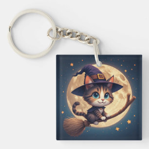 Süße Hexenkatze unter Sternen und Vollmond 🎃 Schlüsselanhänger