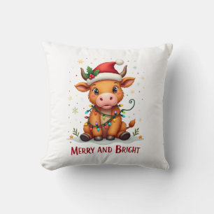 Süße Highland-Babykuh-Weihnachtslichter Frohe & He Kissen