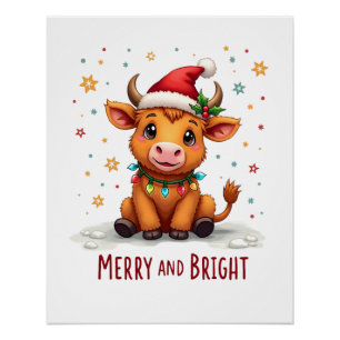 Süße Highland-Babykuh-Weihnachtslichter Frohe & We Poster