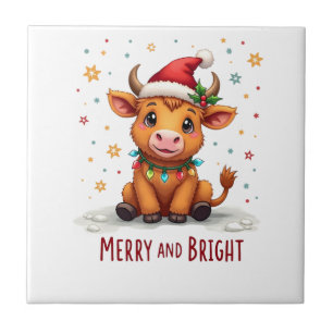 Süße Highland-Babykuh-Weihnachtslichter Merry & Br Fliese