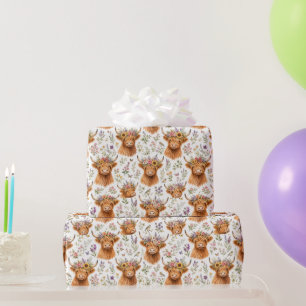 Süße Highland-Kuh Blumen-Aquarell-Whimsy Geschenkpapier