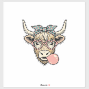 Süße Highland-Kuh-Bubble-Gum-Vintage-Vektorgrafik Aufkleber