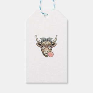 Süße Highland-Kuh-Bubble-Gum-Vintage-Vektorgrafik Geschenkanhänger