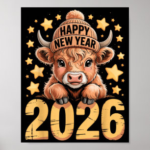 Süße Highland-Kuh Frohes Neues Jahr 2026 T-Shirt L Poster