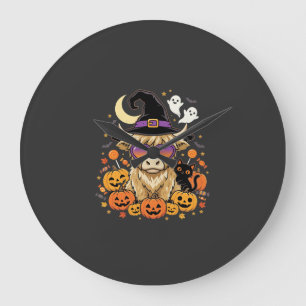 Süße Highland-Kuh-Hexe-Halloween-Kürbis-Party Große Wanduhr