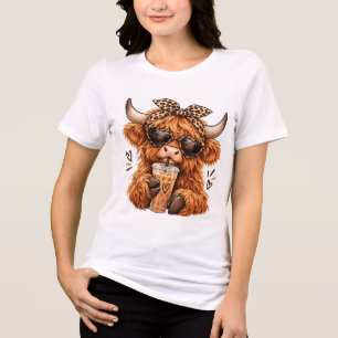 Süße Highland-Kuh Leoparden-Druck Eiskaffee-Liebha Tri-Blend Shirt
