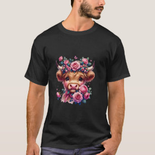 Süße Highland-Kuh mit rosa Rosen Blumenfarm West T-Shirt