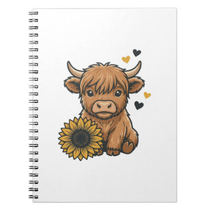 Süße Highland-Kuh Sonnenblume Vintage-Stich Desi Notizblock