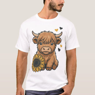 Süße Highland-Kuh Sonnenblume Vintage-Stich Design T-Shirt