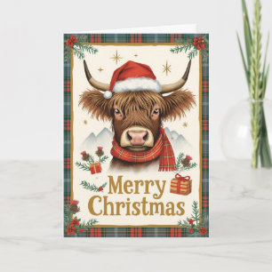 Süße Highland-Kuh-Tartan-Weihnachtskarte Karte