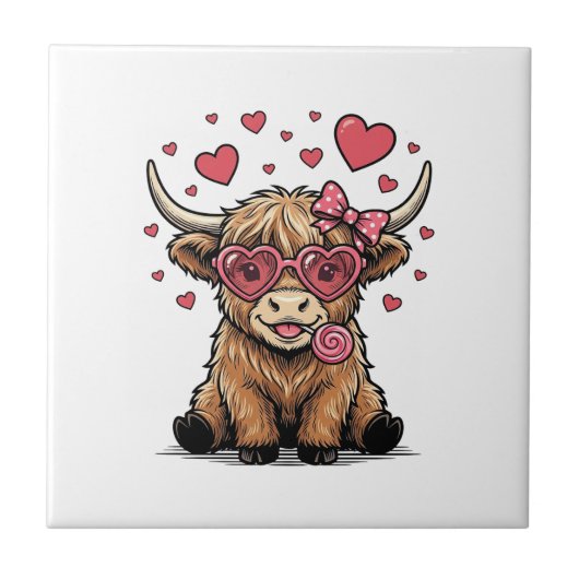 Süße Highland-Kuh-Valentins-Herz-Brille Vektor_1 Fliese (Vorderseite)