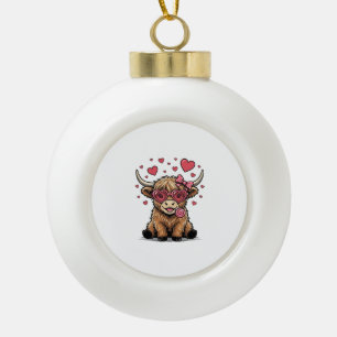Süße Highland-Kuh Valentinstag Herz Brille Vektor_ Keramik Kugel-Ornament