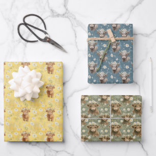 Süße Highland-Kühe und Blumen Geschenkpapier Set