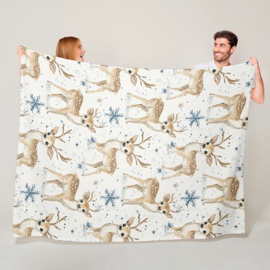 Süße Hirsch Blaue Weihnachts-Schneeflocken Fleecedecke (Beispiel)