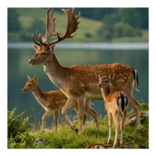 Süße Hirsche und Kitz beim See im Wald Natur Fleec Poster