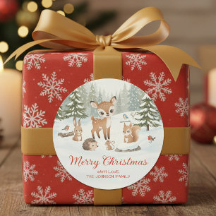 Süße Hirsche und Waldtiere Frohe Weihnachten Runder Aufkleber