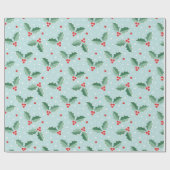 Süße Holly-Beeren Weihnachten hellblau Geschenkpapier (Flach)
