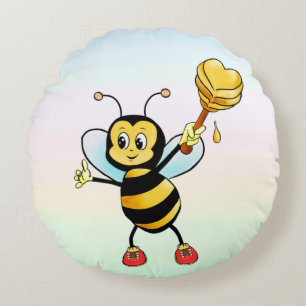 Süße Honig-Hummel mit Herz auf Pastellfarbe Rundes Kissen