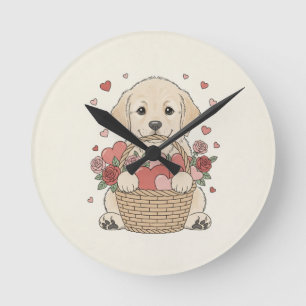 Süße Hündchen-Illustration mit Herz und Rosenkorb Runde Wanduhr