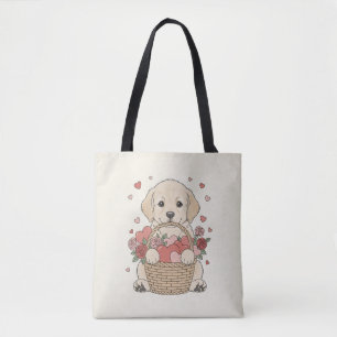 Süße Hündchen-Illustration mit Herz und Rosenkorb Tasche