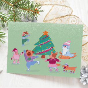 Süße Hunde Eislaufen Grüne Flache Weihnachtskarte Feiertagskarte