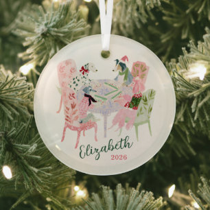Süße Hunde spielen Mahjong zu Weihnachten Ornament Aus Glas