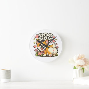 Süße Hundemama Corgi Aufkleber Kawaii Blume, Herz Runde Wanduhr