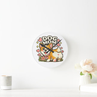 Süße Hundemama Corgi Aufkleber Kawaii Blume, Herz Runde Wanduhr
