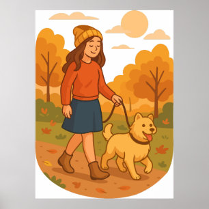 Süße Hundemutter beim Spaziergang mit ihrem Welpen Poster