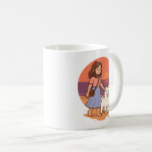 Süße Hundemutter führt flauschigen Welpen am Sonne Kaffeetasse (VorderseiteRechts)