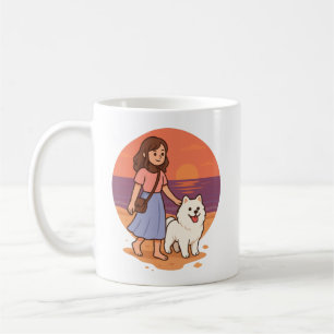 Süße Hundemutter führt flauschigen Welpen am Sonne Kaffeetasse