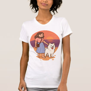Süße Hundemutter führt flauschigen Welpen am Sonne T-Shirt