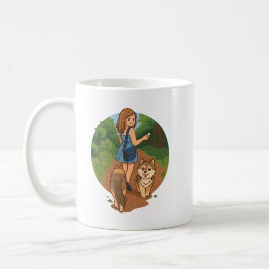 Süße Hundemutter führt Welpen auf Waldweg Illustra Kaffeetasse (Links)