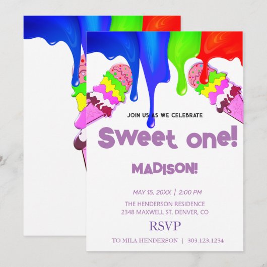 Süße ICE CREAM Regenbogenfarben, Einladung (Vorne/Hinten)