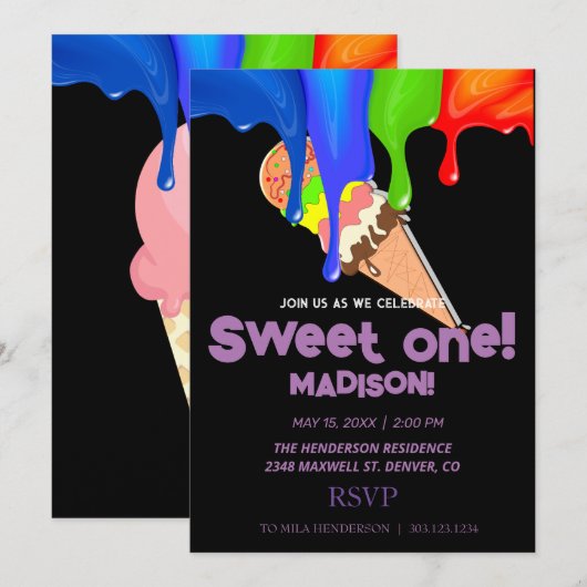 Süße ICE CREAM Regenbogenfarben, Einladung (Vorne/Hinten)