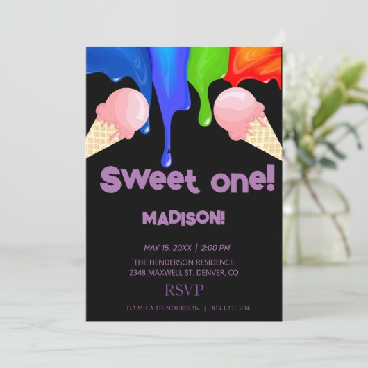 Süße ICE CREAM Regenbogenfarben, Einladung (Stehend Vorderseite)