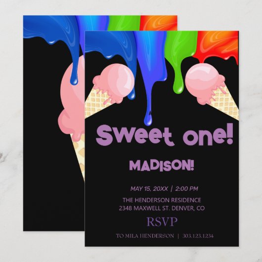 Süße ICE CREAM Regenbogenfarben, Einladung (Vorne/Hinten)