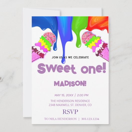 Süße ICE CREAM Regenbogenfarben, Einladung (Vorderseite)