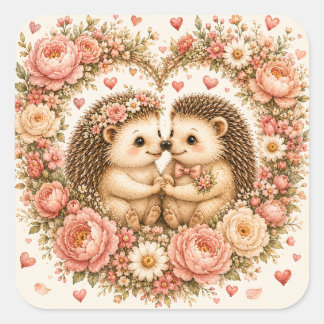 Süße Igel in Liebe Florales Herz Valentinstag Quadratischer Aufkleber