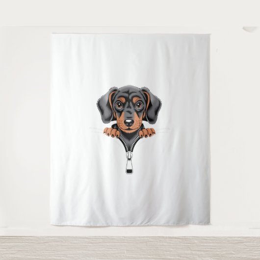 Süße Illustration eines Dachshunds, der aus einem  Wandteppich (Vorderseite)
