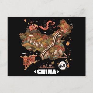 Süße illustrierte China-Karte mit Drachen und Pand Postkarte