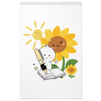 Süße illustrierte Figur mit Sonnenblumen-Wandkalen Kalender