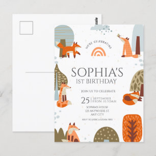 Süße illustrierte Fuchs-Wald-Tier-Erstgeburtstag Postkarte