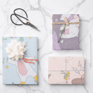 Süße illustrierte Weihnachtstiere Feiertag Geschenkpapier Set