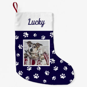 Süße individuelle Hunde-Foto-Name blaue weiße Pfot Kleiner Weihnachtsstrumpf