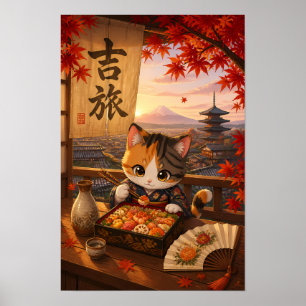 Süße japanische Anime-Katze Kimono Mount Fuji Herb Poster