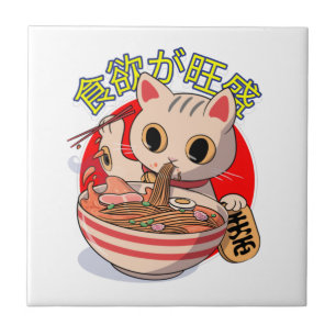 Süße japanische Katze, die Nudeln mit Stäbchen iss Fliese