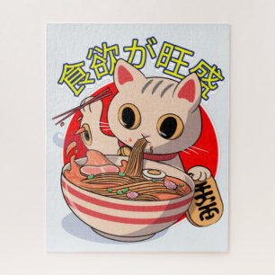 Süße japanische Katze, die Nudeln mit Stäbchen iss Puzzle