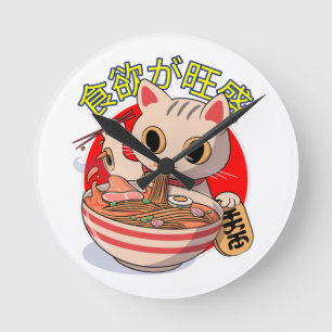 Süße japanische Katze, die Nudeln mit Stäbchen iss Runde Wanduhr