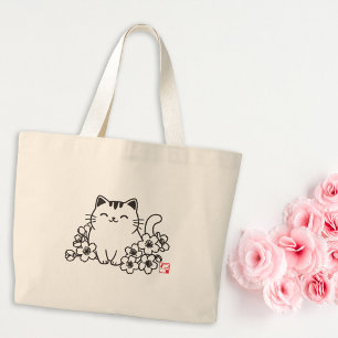 Süße japanische Katze und Sakura mit "Neko"-Stempe Jumbo Stoffbeutel